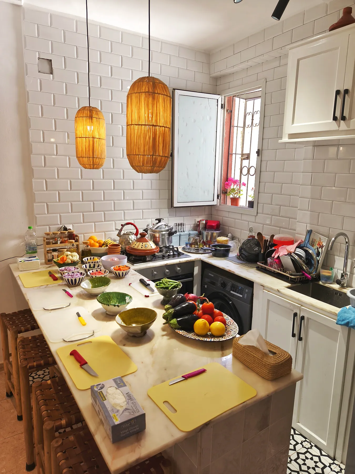 Bright Marrakech kitchen prepared for a family cooking class