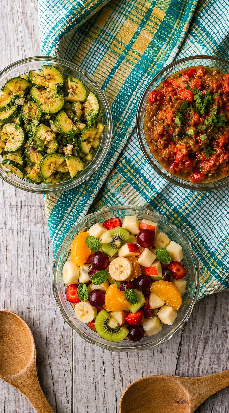 Colourful Moroccan salads and fruit prepared by a family